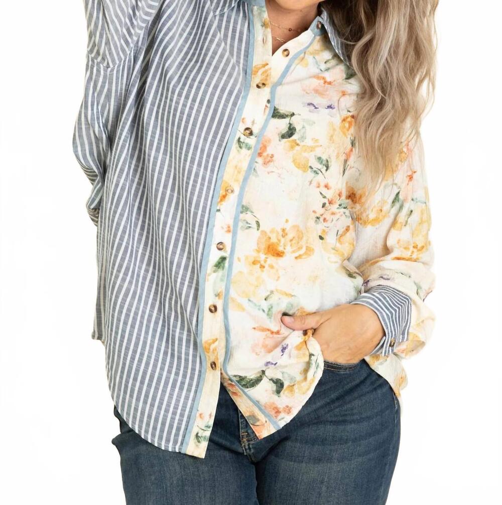 NEW SEW IN LOVE about ya cotton blend long sleeve button up top in denim